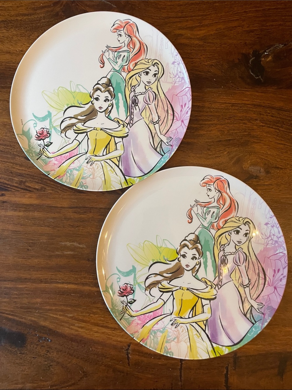 2 Disney Princess Illustrated Melamine 10” Shatterproof Dinner Plates